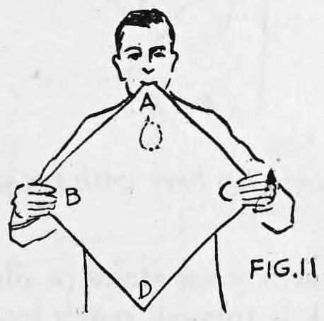 Fig. 11. — A man holding a diamond-shaped handkerchief by two side corners B and C, with corner A between his teeth and corner D hanging at the bottom.