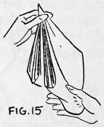 Fig. 15. — The right hand closes around the hanging center of the handkerchief, the egg in its palm and the thumb behind the egg shell.