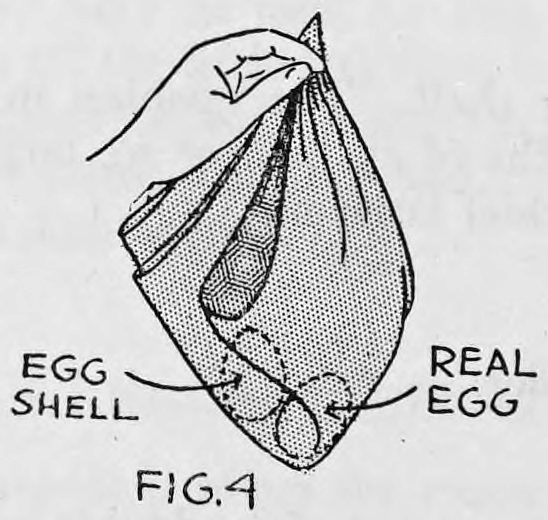 Fig. 4. — The handkerchief gathered into a bag held up by its corners in the left hand, with the egg shell and the real egg inside, both labelled.
