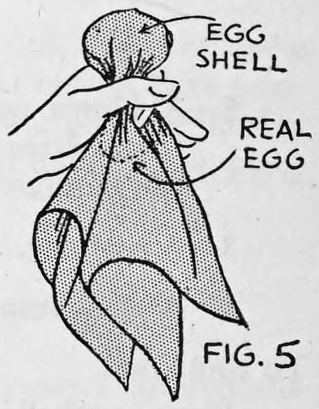 Fig. 5. — The right hand grips the silk, tightening it around the egg shell above the hand, while the real egg lies below in the palm of the left hand; both labelled.