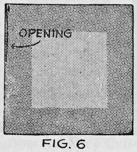 Fig. 6. — The double handkerchief laid flat, shown as a dark square with a lighter inner area and the word OPENING marking the unsewn gap along the upper left side.