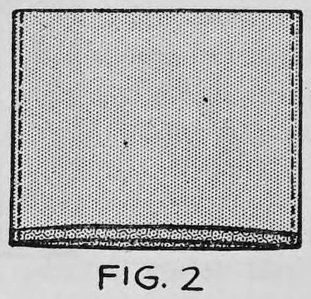 Fig. 2. — The cloth folded in half, a wide rectangle with stitched sides and a ribbon binding along the bottom edge, which is the opening of the bag.
