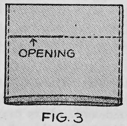 Fig. 3. — The bag with a seam sewn across one of its double sides and the slit just above it, marked OPENING with an arrow.