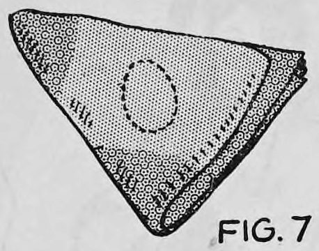 Fig. 7. — The double handkerchief folded into a triangle with one corner turned back over the egg, whose outline shows in dotted lines; the ends point away from the audience.