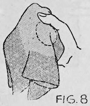 Fig. 8. — The right hand holding the handkerchief by its upper corner, with the egg held in finger palm position behind the cloth, its outline shown in dotted lines.