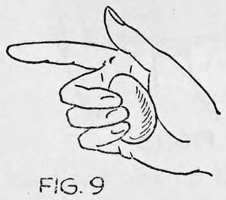 Fig. 9. — The right hand seen from the back with the egg palmed in the curled fingers, the first finger pointing out, after the handkerchief has been taken away.