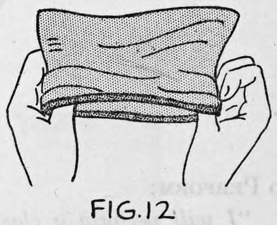 Fig. 12. — Both hands holding the egg bag up by its top edge, seen from the front, with the egg supported behind it by the right fingers.