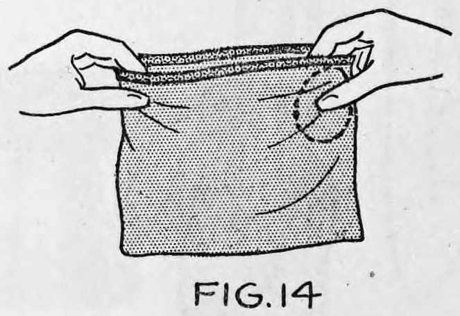 Fig. 14. — The bag turned back to normal and held open at the top by both hands, with the egg held in the upper right corner of the pocket, shown in dotted lines.