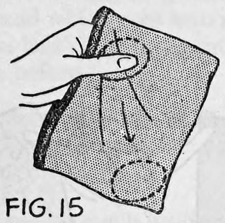 Fig. 15. — The left hand takes the corner of the bag and the egg from the right hand, with the egg outlined in dotted lines and a second dotted outline at the lower corner.