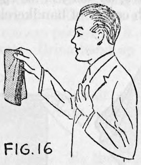 Fig. 16. — The boy in profile holding the folded bag up in one hand while his other hand rests on his heart.