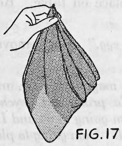 Fig. 17. — A hand holding the four corners of the double handkerchief together at the top, the silk hanging down in a bag.