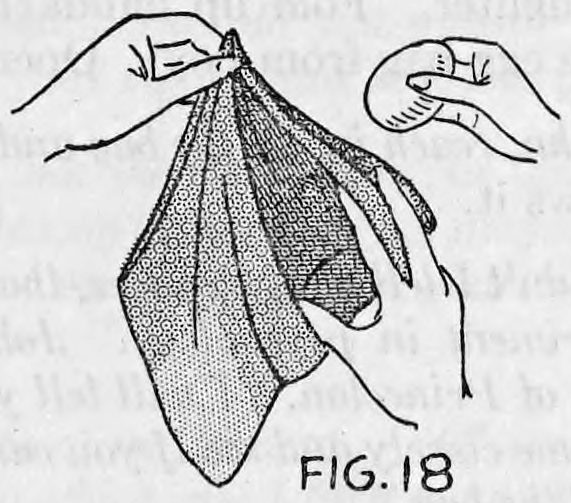 Fig. 18. — One hand holds the gathered corners at the top while the other reaches into the opening of the double silk and spreads it open.