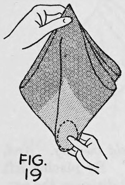 Fig. 19. — A handkerchief held up by one hand at its top corner, hanging in a point, while the other hand feels the egg through the cloth near the bottom.