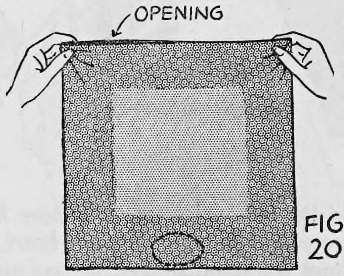 Fig. 20. — The handkerchief spread flat between both hands holding its top corners, with the opening along the top edge, and the egg lying at the bottom.