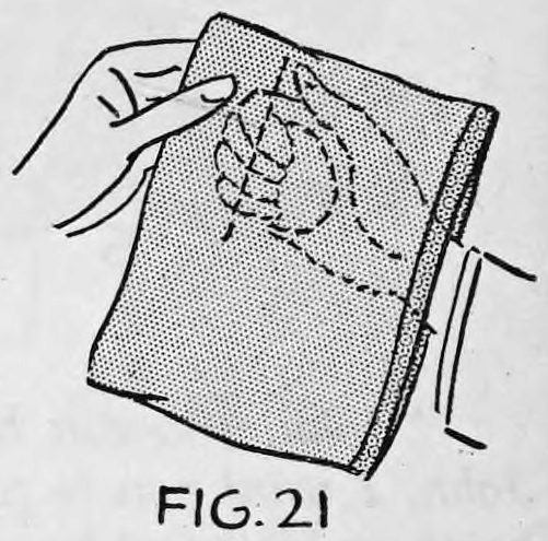 Fig. 21. — The bag held in the left hand in a similar position, with the pocket side and slit at the rear and the egg in the upper corner.