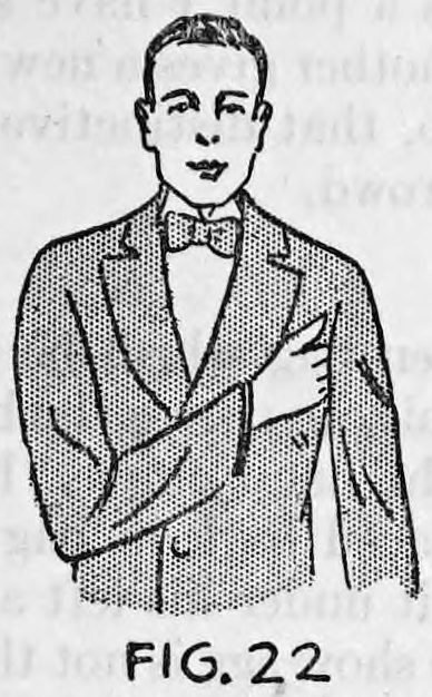 Fig. 22. — A man in evening dress seen from the front, his left arm bent so that the hand holds an egg tucked up under the left arm pit.