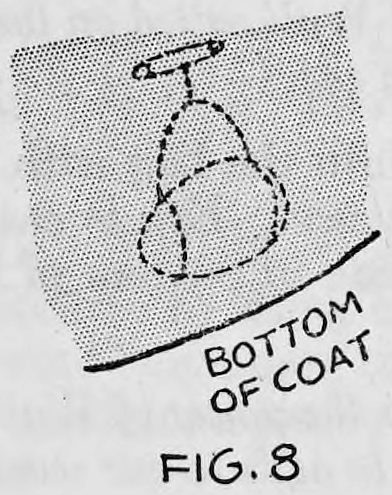 Fig. 8. — The egg holder pinned inside the bottom of the coat with the egg in it; the words bottom of coat are lettered along the coat edge.