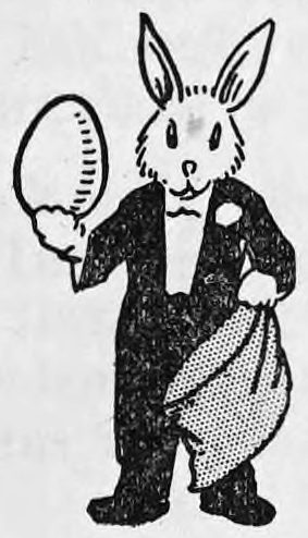 A rabbit in evening dress standing upright, holding a large egg in one hand and a cloth bag in the other.