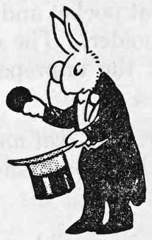 A rabbit in evening dress standing upright, holding a top hat open at his side by the brim while the other hand holds a small black ball.