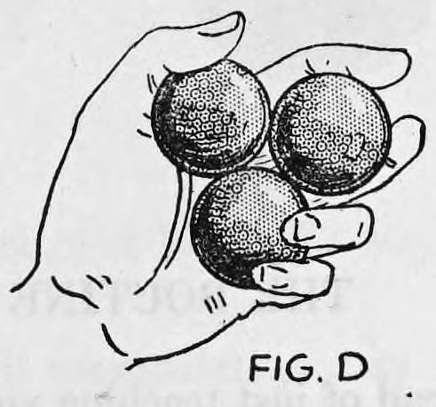 Fig. D. — A hand holding three balls, the solid ball and the two open half shells, so that they look like three balls in the hand.