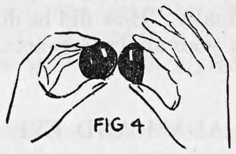 Fig. 4. — Side view of two hands held together, the fingers of one hand striking a solid ball against the half shell held in the other so the two sound like two balls.