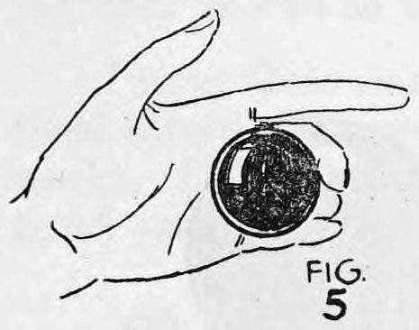 Fig. 5. — The left hand, back to the audience, holds a ball Finger Palmed after drawing it from the coat pocket.