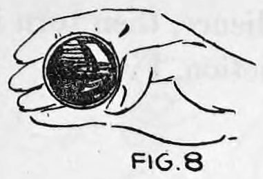 Fig. 8. — The right hand seen from the audience side, thumb curling under a ball held at the fingertips.