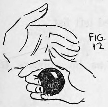 Fig. 12. — The left hand closed as if holding the ball, while the ball is held out of sight, Finger Palmed in the right hand below.