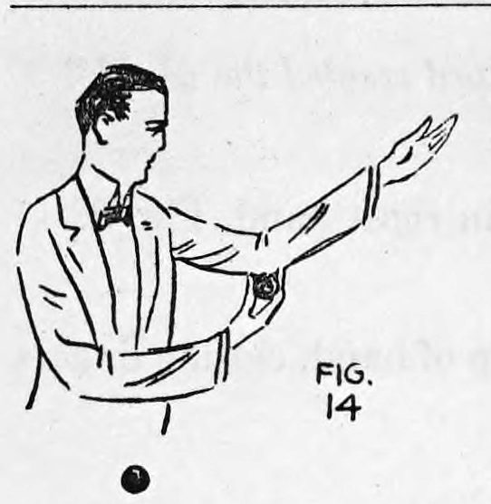 Fig. 14. — The performer in evening dress, left arm raised with the hand turned palm out to produce the ball, while a ball falls or hangs below his hand.