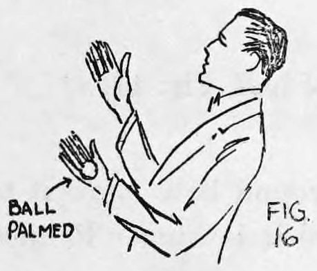 Fig. 16. — The performer in profile with both hands thrown up, the right higher than the left, the left hand marked Ball Palmed.