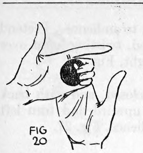 Fig. 20. — The left hand seen from the performer's side, the thumb and fingers holding a ball as the right fingers close over it.