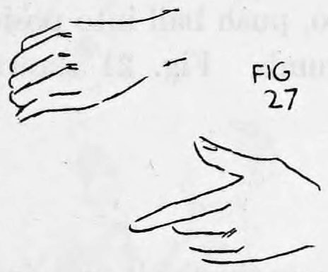 Fig. 27. — The right hand carried away closed with its back to the audience, drawn in two positions as it moves upward.