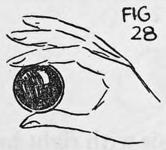 Fig. 28. — The right hand holding the ball with its shell between thumb and forefinger, the front of the shell shown to the audience and the edge hidden.