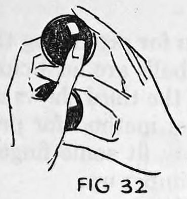 Fig. 32. — The left hand reaches up to the right hand, taking the ball from between the right first and second fingers while a second ball is slipped into the shell.