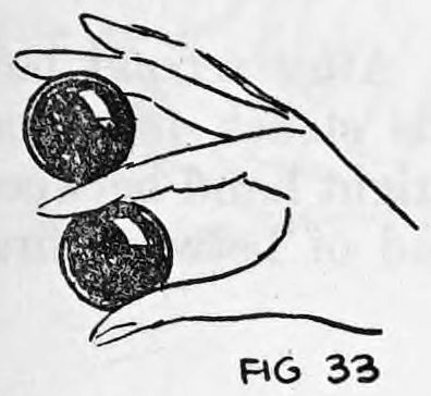 Fig. 33. — The right hand holds two balls one above the other, the ball from the left hand replaced between the first and second fingers.