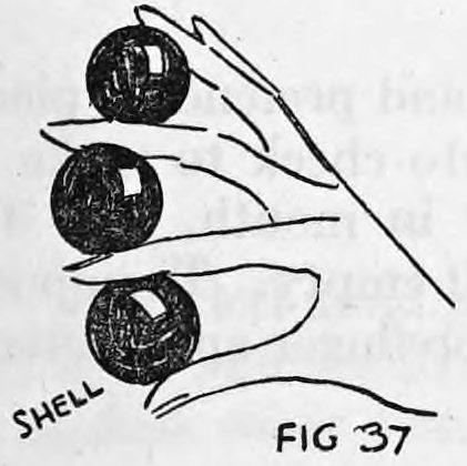 Fig. 37. — The right hand showing three balls in a row after the shell is lifted off the ball, the lower one labelled Shell.