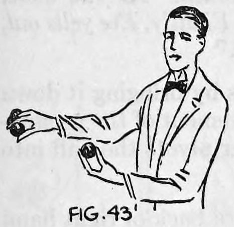 Fig. 43. — The performer in evening dress, left arm stretched out to the side with a ball produced at the fingertips, the right hand held at his waist.