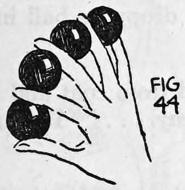 Fig. 44. — The right hand shown from the front with three balls held in a row along the fingers, the new ball between the third and fourth fingers.