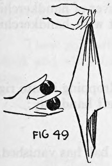 Fig. 49. — A silk handkerchief hangs by one corner from the left hand above, while the right hand below holds two balls with the shell edge kept out of sight.