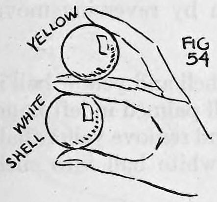 Fig. 54. — The same two balls, yellow above and white shell below, with the third finger brought under the yellow ball.