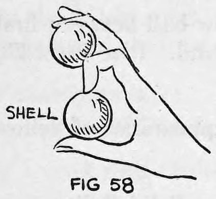 Fig. 58. — The forefinger is bent, rolling the shell back toward the thumb joint, while the ball stays above it; the shell is labeled.