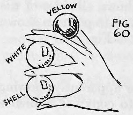 Fig. 60. — The yellow ball is held between the third and fourth fingers while the white ball and white shell are held above it between the first and second fingers.