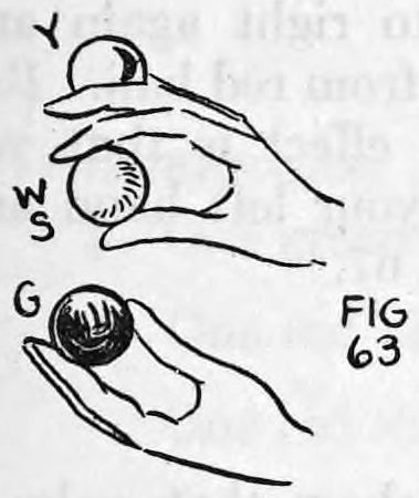 Fig. 63. — The right hand above holds the yellow ball and white shell after the throwing motion, while the open left hand below shows the green ball.