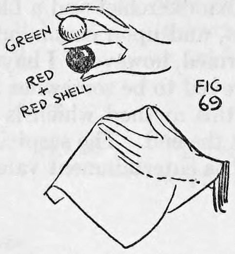 Fig. 69. — A hand holding the green ball and red shell, labelled Green, Red and Red Shell, above a handkerchief spread out below it.