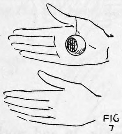Fig. 7. — The right hand held above the left, back to the audience, with the ball hanging on its thread between them, seen away from the audience.