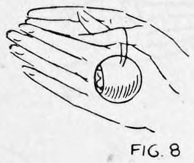 Fig. 8. — The right hand lowered over the left hand, with the ball dropping down behind the left hand on its thread.