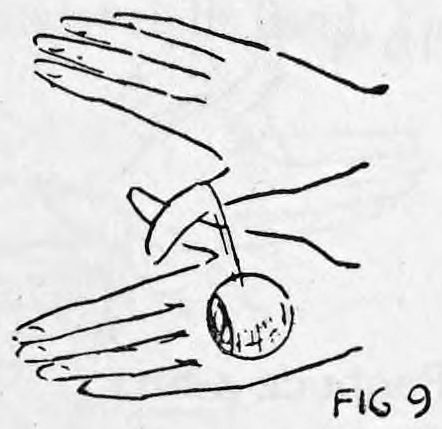 Fig. 9. — The hands with thumbs crossed and the right hand raised, palms exposed, the ball hanging below on its thread, seen away from the audience.