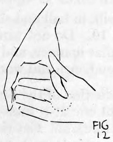 Fig. 12. — Both hands raised with thumbs crossed, backs together, the ball concealed in the left palm shown by a dotted circle.