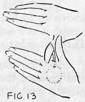 Fig. 13. — A second view of both hands together with thumbs crossed, the ball concealed in the left palm shown by a dotted circle.