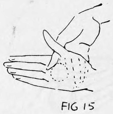 Fig. 15. — The right hand curved down behind the ball, the left palm below it with the ball outlined in dots.